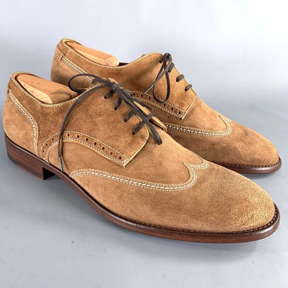 JOHNSTON & MURPHY Size 10 Brown Contrast Stitch Suede Wingtip Lace-Up Shoes - Picture 1 of 10